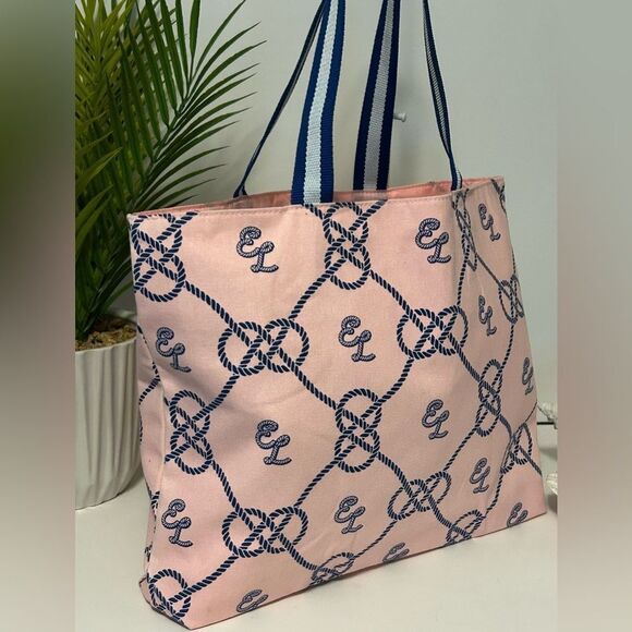 Estée Lauder Pink & Navy Logo Tote Beach Shopper Bag Rope Print NEW - Picture 5 of 11